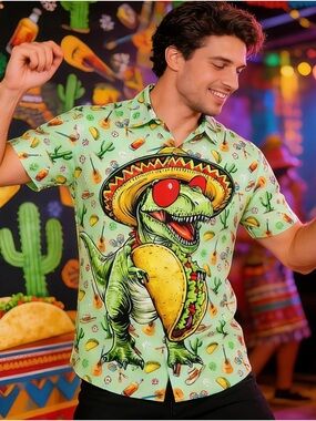 Casual Mint Green Dino Taco Print Short-Sleeve Button-Down Shirt